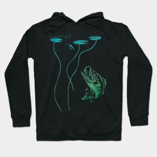 Bass Fishing Bass Rising Lilly Pad Largemouth Bass Blue Green Hoodie